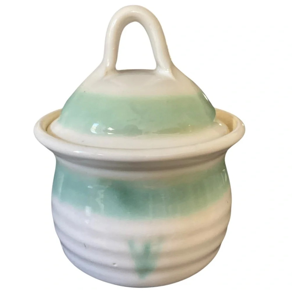 Jack Hernig NC Artist Studio Pottery Cream & Sugar Set Green- White Signed 2000